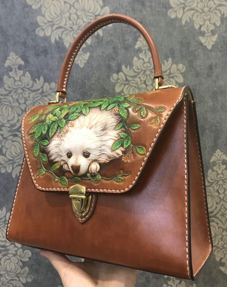 手工订制皮雕手绘可爱宠物动物单肩斜跨手提包通用款女包