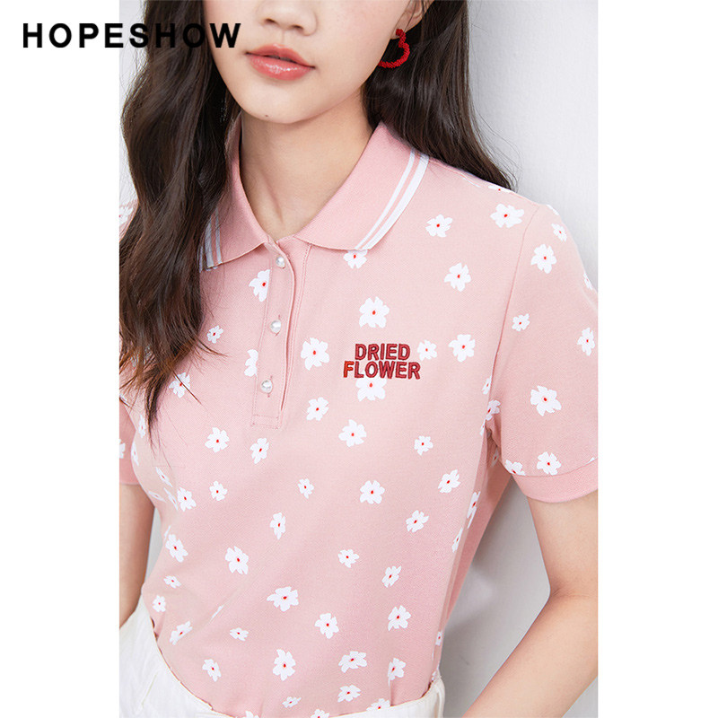红袖女装印花短袖polo字母显瘦新款2021夏季t恤