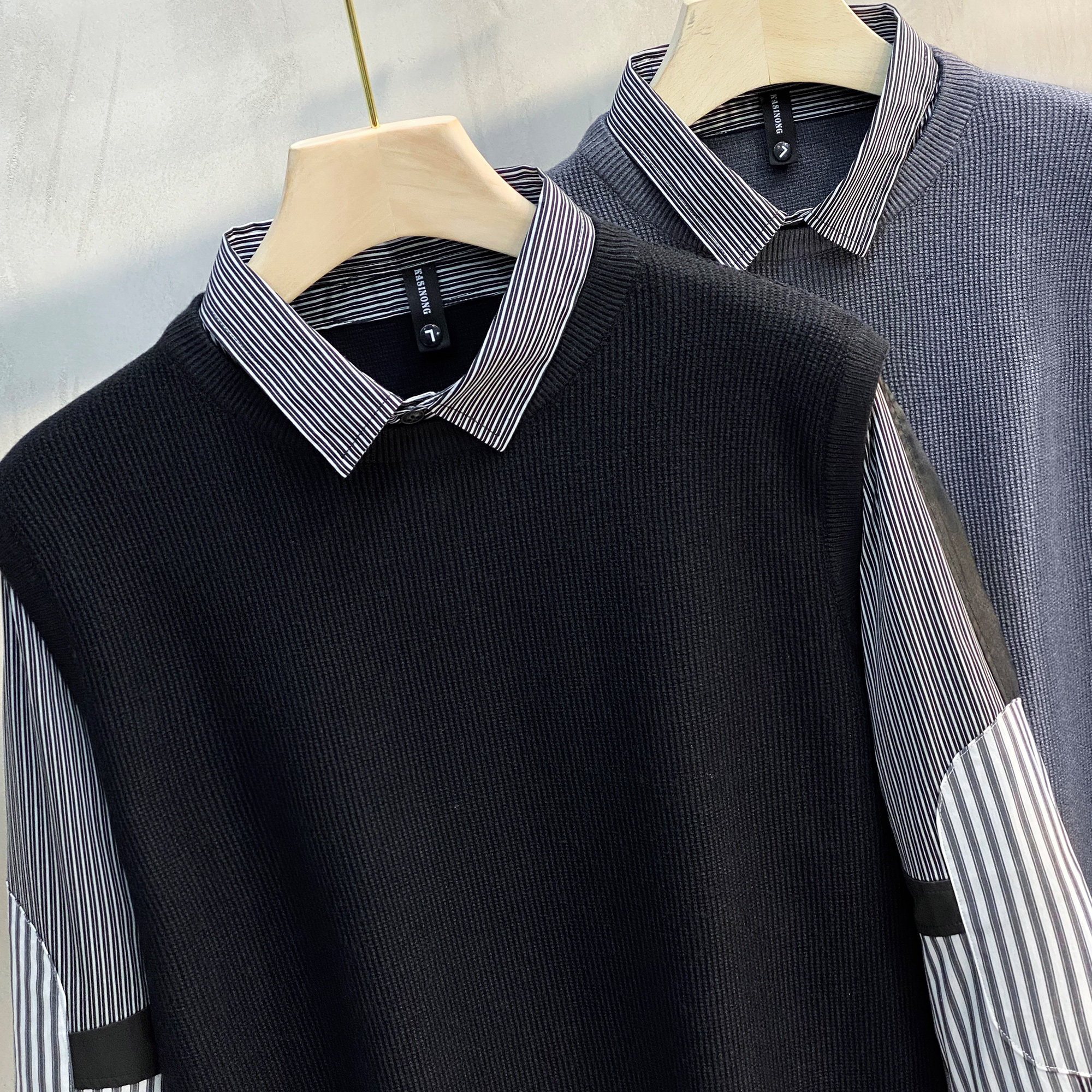 两件毛衣男春秋冬2021新款潮流商务拼接衬衫针织衫