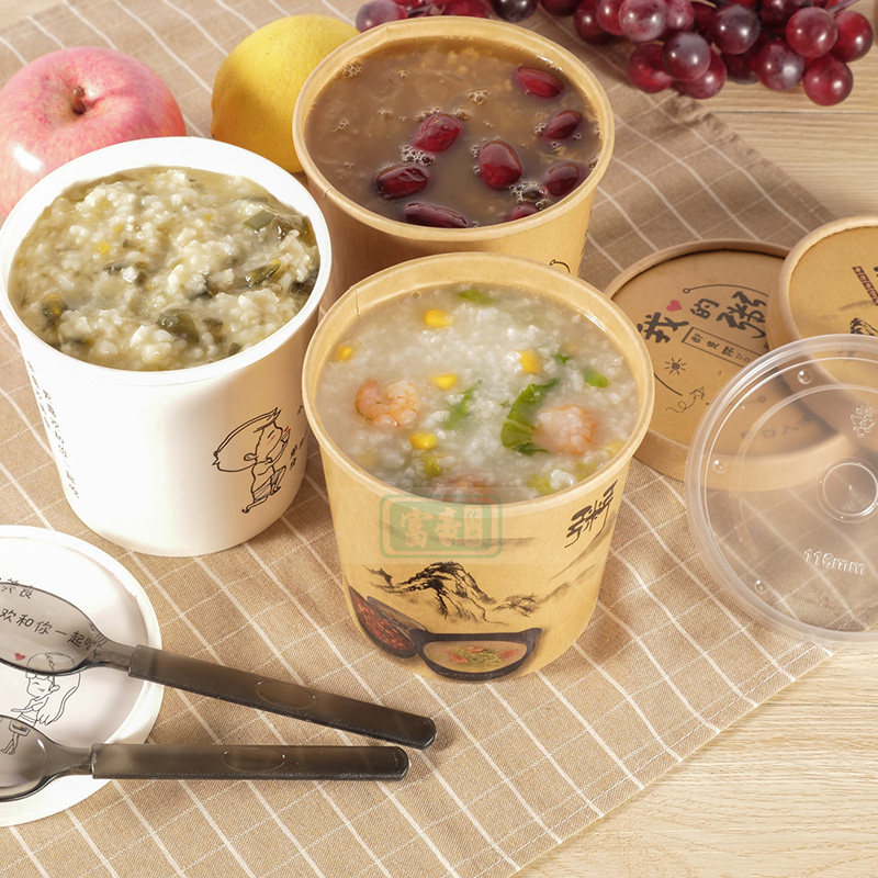 一次性牛皮纸粥桶汤桶纸圆形汤碗带外卖快餐盒密封汤杯一次性餐盒