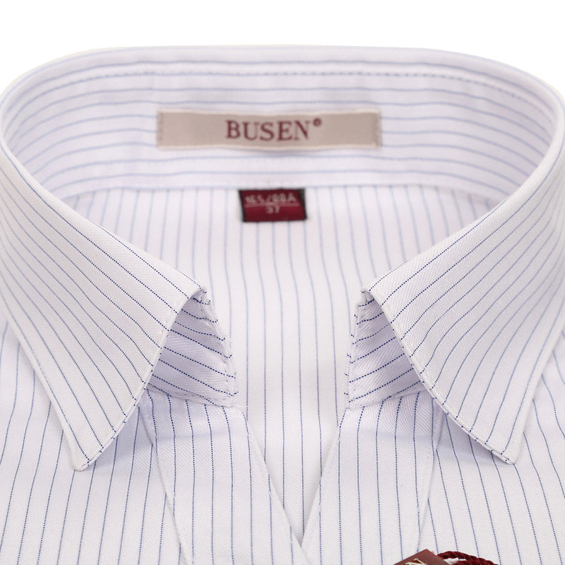 busen步森衬衫商务正装女士短袖衬衣v字领收腰白底竖条纹半袖衬褂