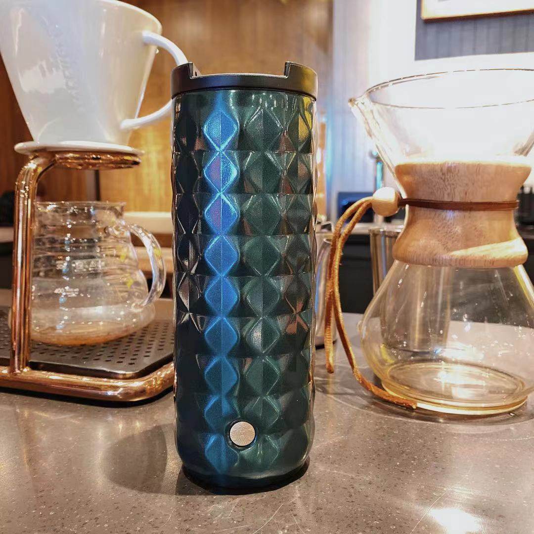 星巴克杯子2021新款常规473ml墨绿色菱纹款铜色印章保温杯