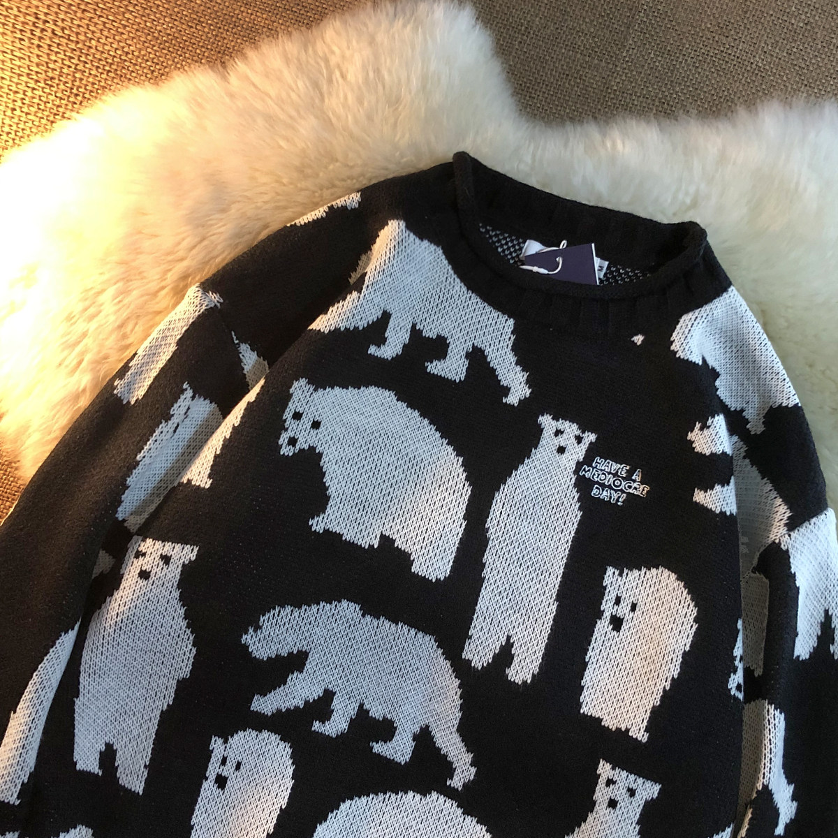 rayofhope白熊部落潮牌个性图案圆领毛衣大码上装