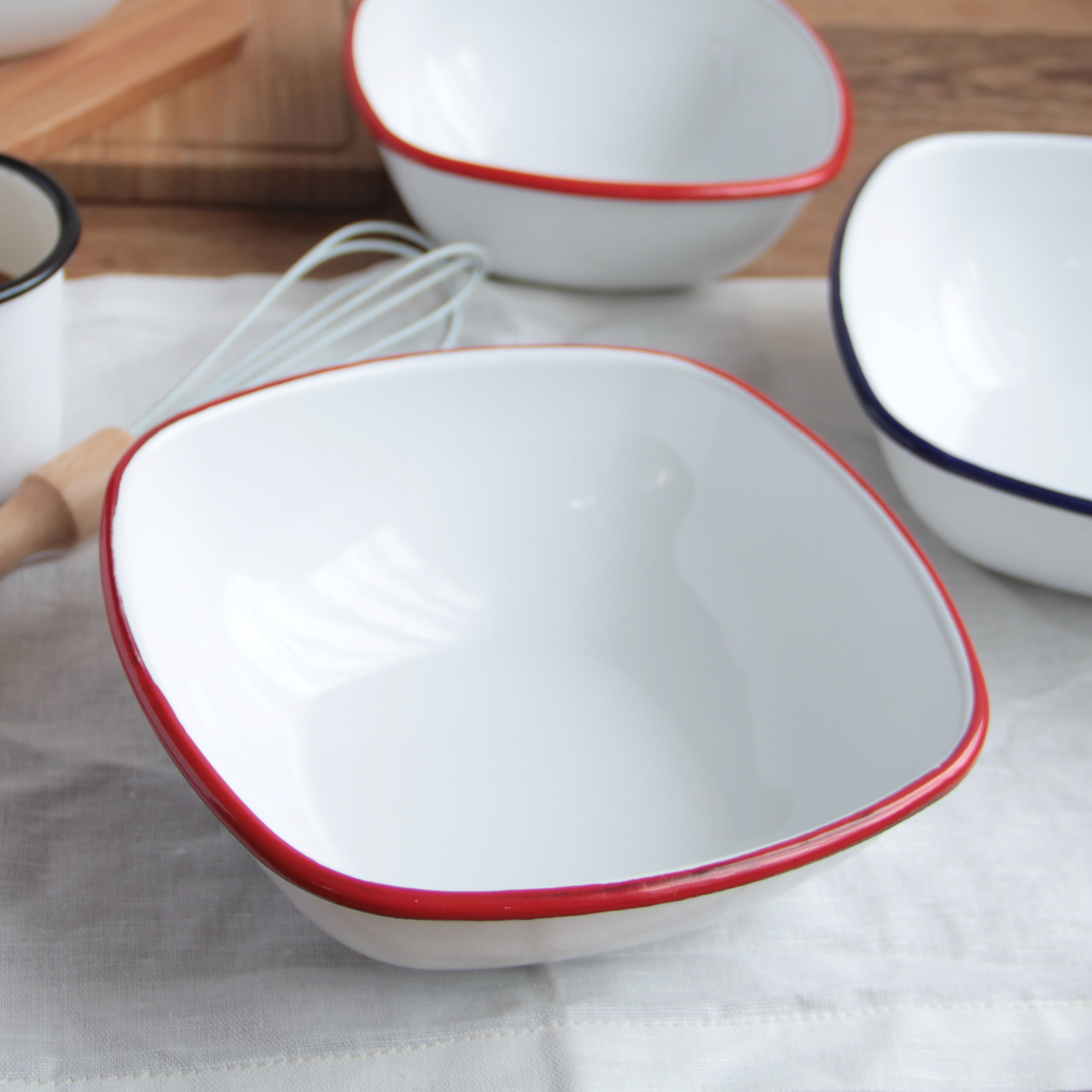 红蓝边搪瓷方碗网红沙拉碗咖喱碗火锅调料碗麦片碗拌菜油碟水果盆