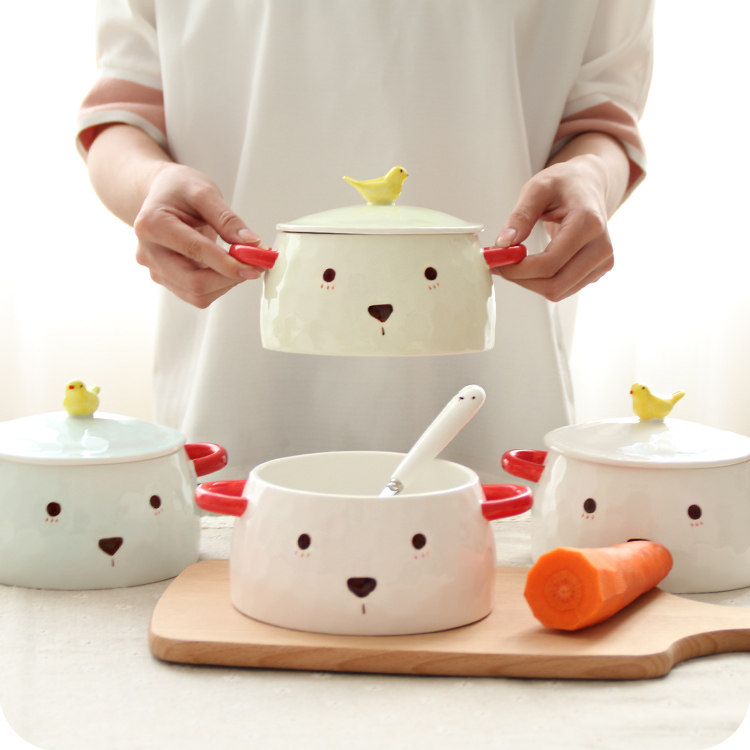 创意小熊双耳泡面碗带盖卡通陶瓷碗可爱餐具学生饭碗