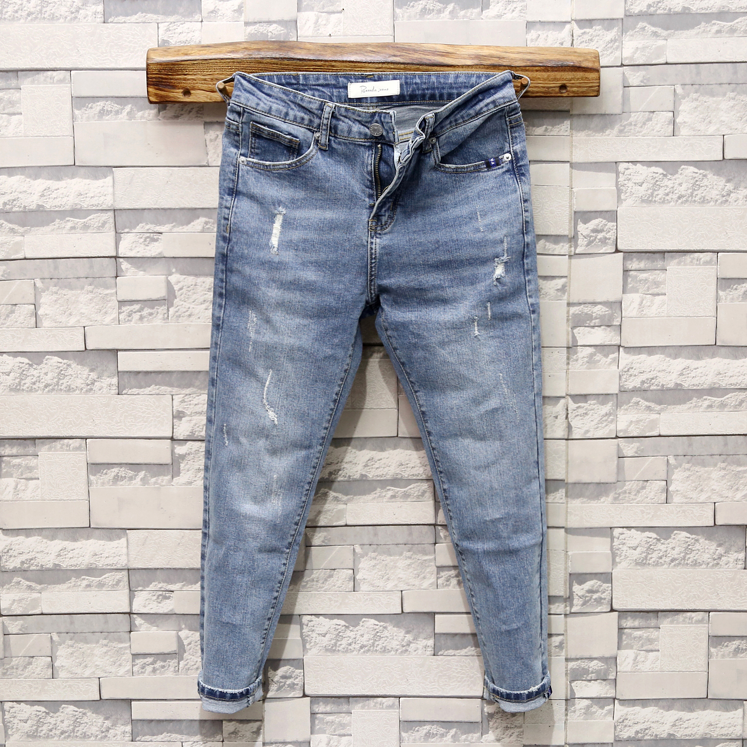 蓝色水洗九分牛仔裤男韩版潮流猫须刮烂潮牌百搭修身高端小脚裤子