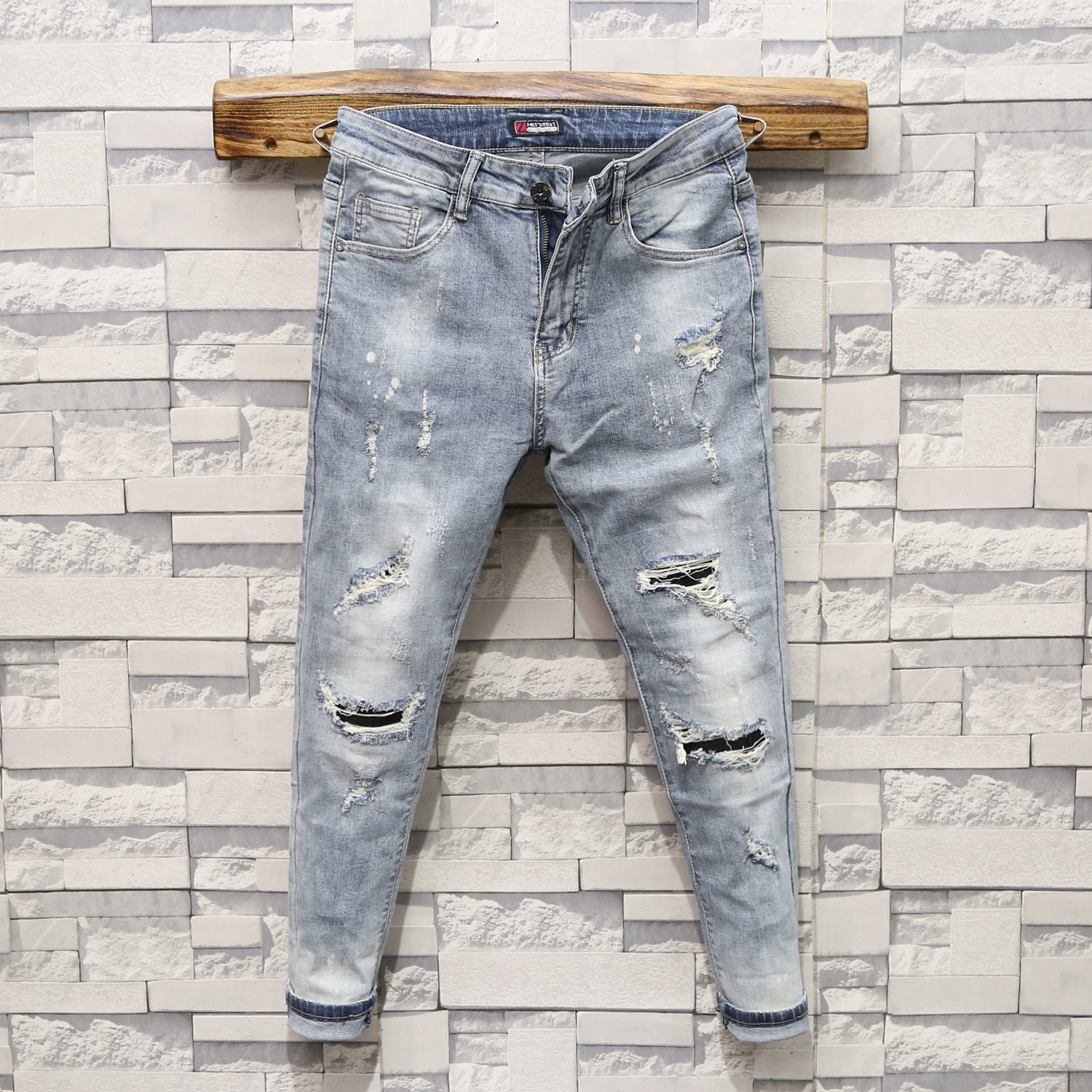 春夏新款蓝色九分牛仔裤男士韩版潮流猫须破洞修身弹力百搭小脚裤