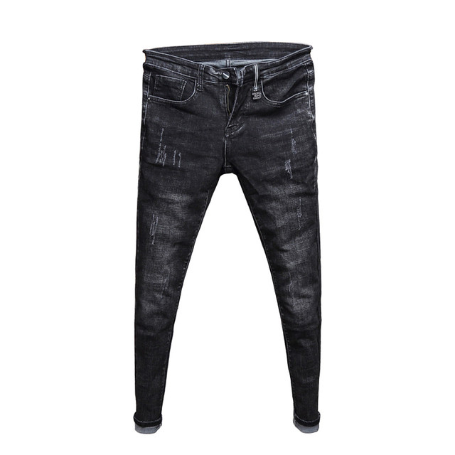 Autumn black shaved and washed distressed old jeans men's youth Korean version of the trend of slim and thin all-match pants Autumn black shaved and washed distressed old jeans men's youth Korean version of the trend of slim and thin all-match pants