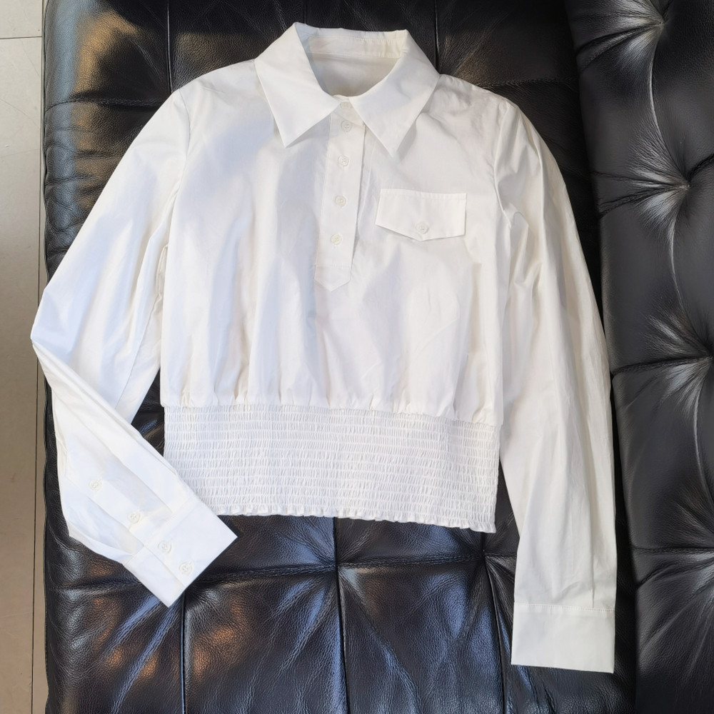 lovely宽幅弹力打揽下摆套头衬衫长袖半开开襟衬衫