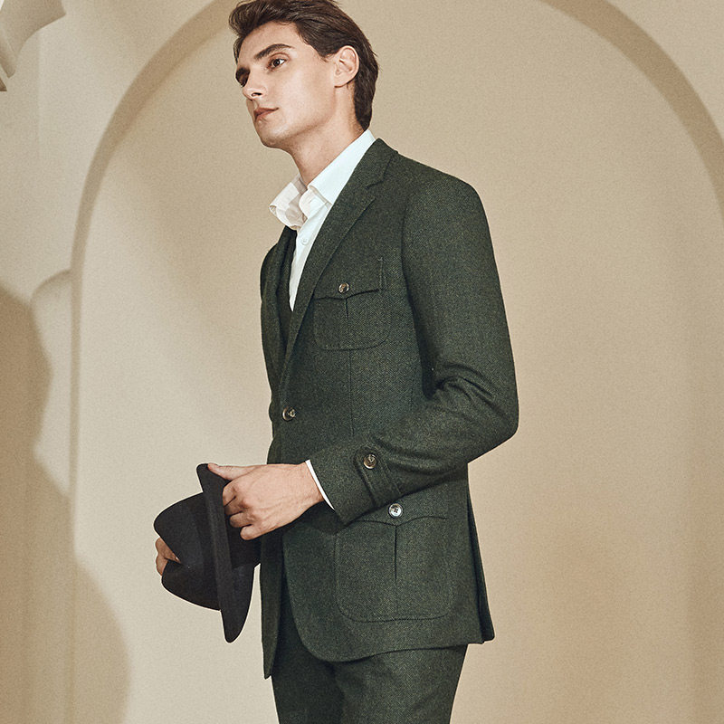 西服男士猎装套装墨绿色羊毛礼服正装复古古意西服套装