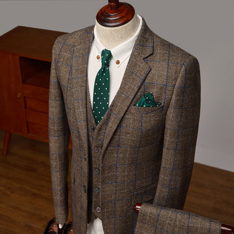 西服套装男英伦风复古羊毛棕色格子高端定制品牌男士高级休闲西装