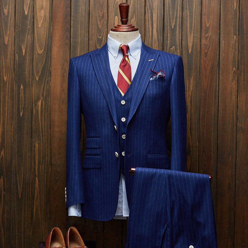 蓝色条纹西装套装新郎服装结婚衣服商务务正西服套装