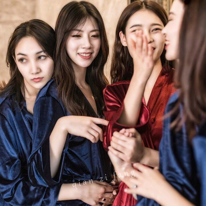 秋冬季新娘晨袍女伴娘团睡袍两件套金丝绒睡衣结婚婚礼浴袍定制春