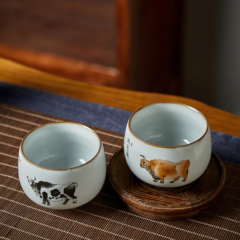 汝窑手绘五牛茶杯景德镇陶瓷功夫功夫茶茶具开片品茗茶杯
