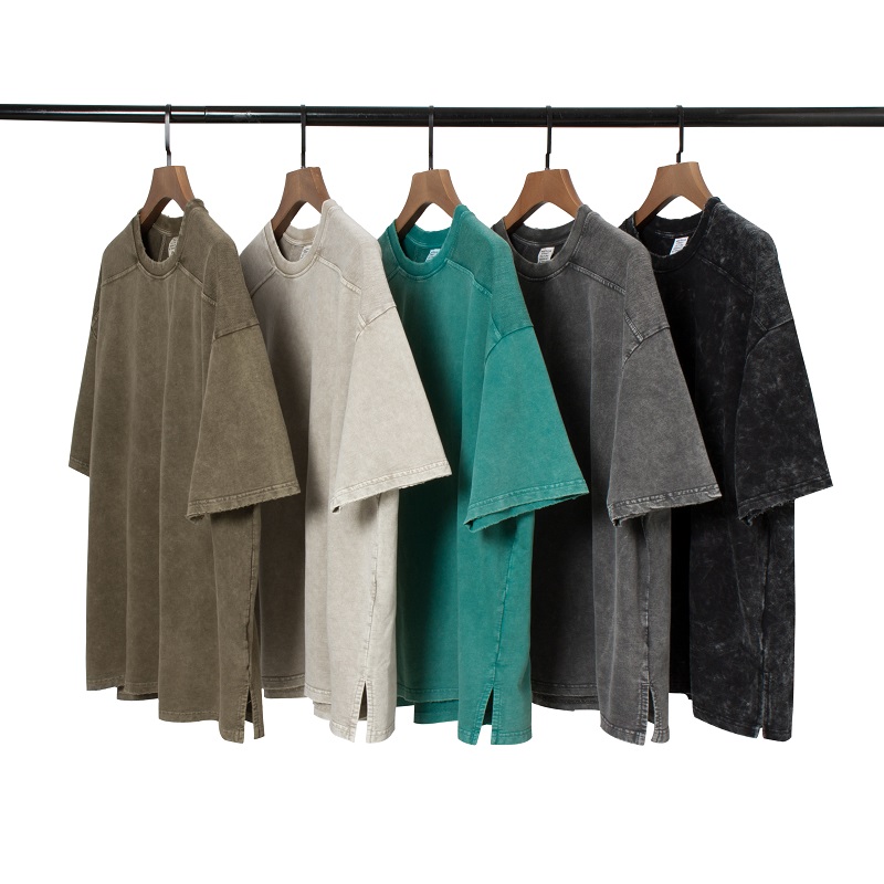 INS高街oversize水洗做旧复古重磅短袖T恤日系开叉休闲半袖男女