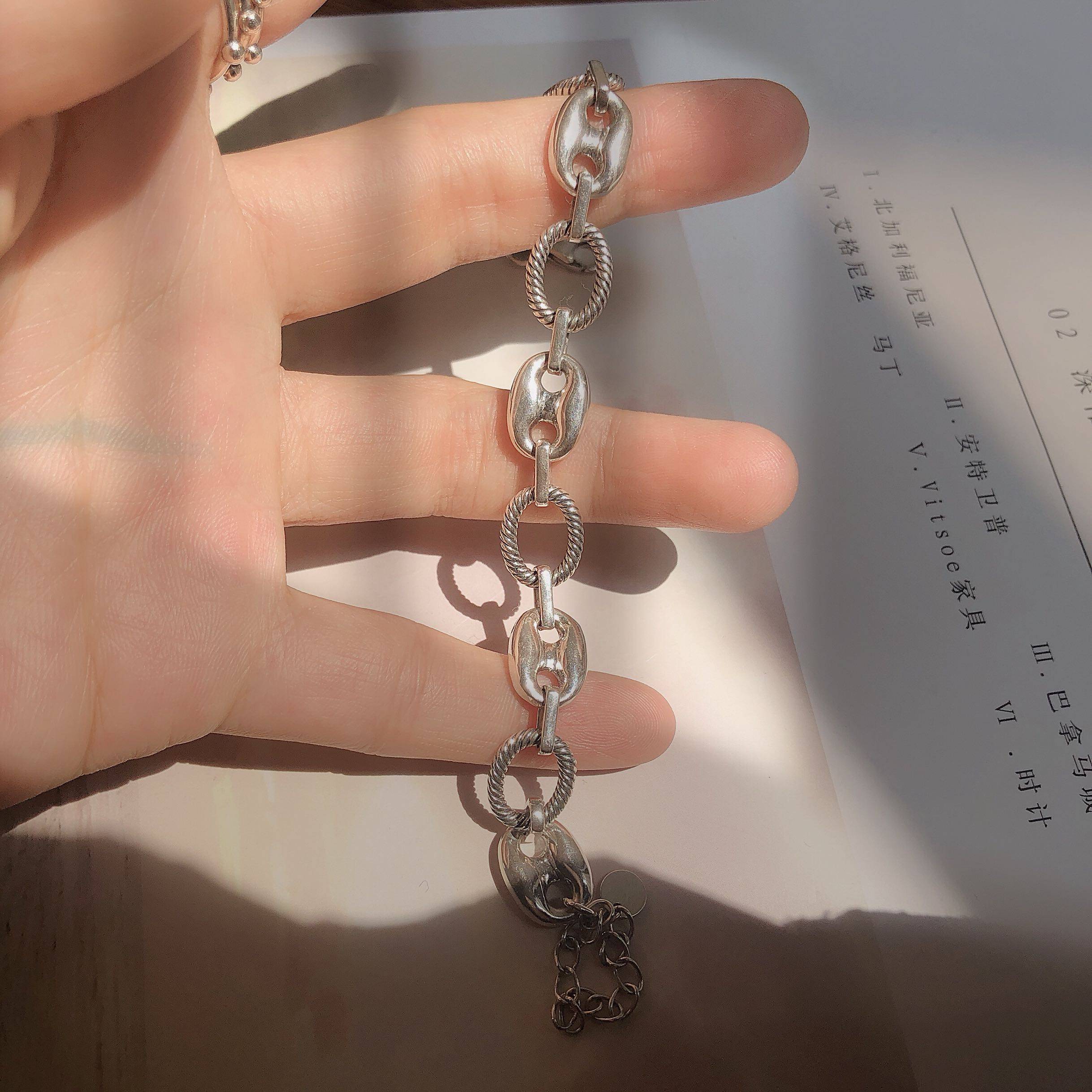 东大门新款s925纯银猪鼻鼻子手链重工原创设计手链