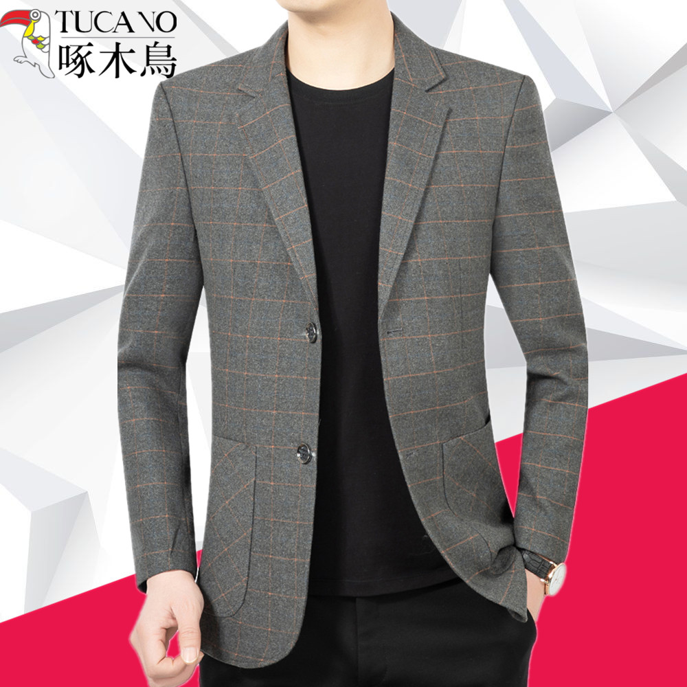 啄木鸟男士西服2021秋冬新款休闲西装中年单西上衣爸爸春秋外套男