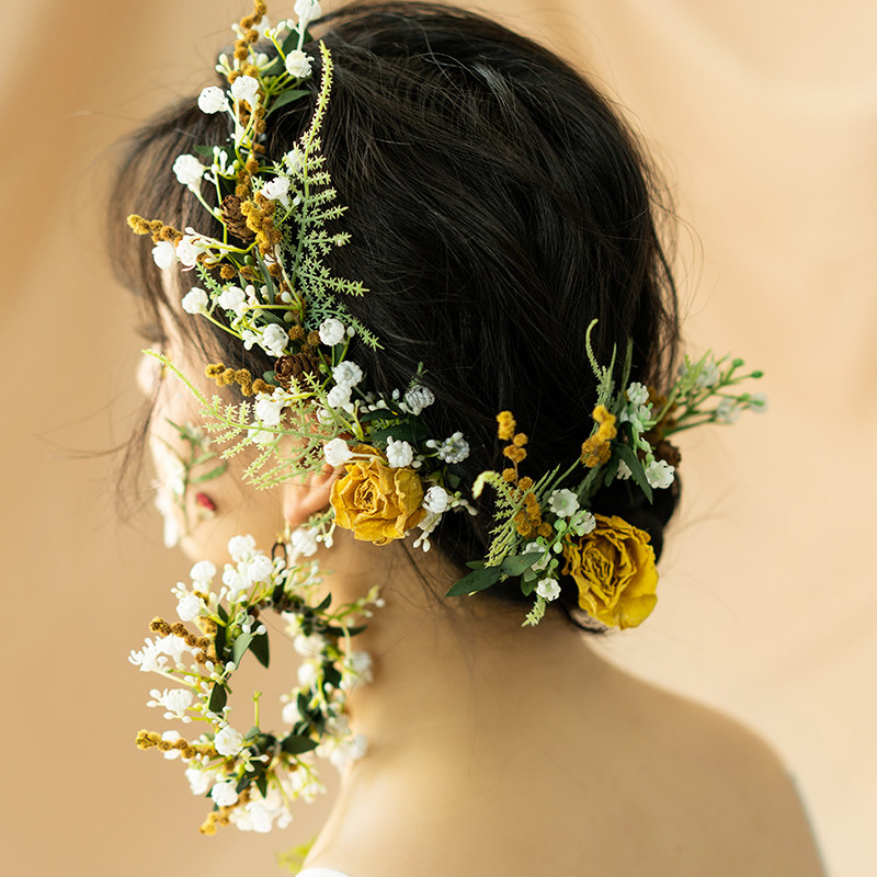 韩式新娘永生花头饰花环盘发套装手工花朵干花发饰