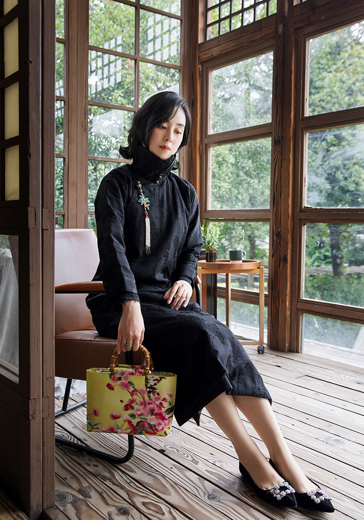 cpp846p盈盈抬酥脚丨凤仙领长袖平裁长款夹棉旗袍旗袍