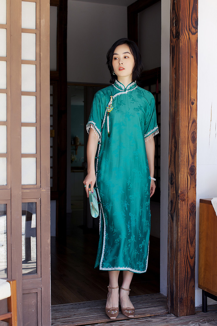 pcy793丨梅竹图珍珠民国平裁无省短袖桑波真丝旗袍