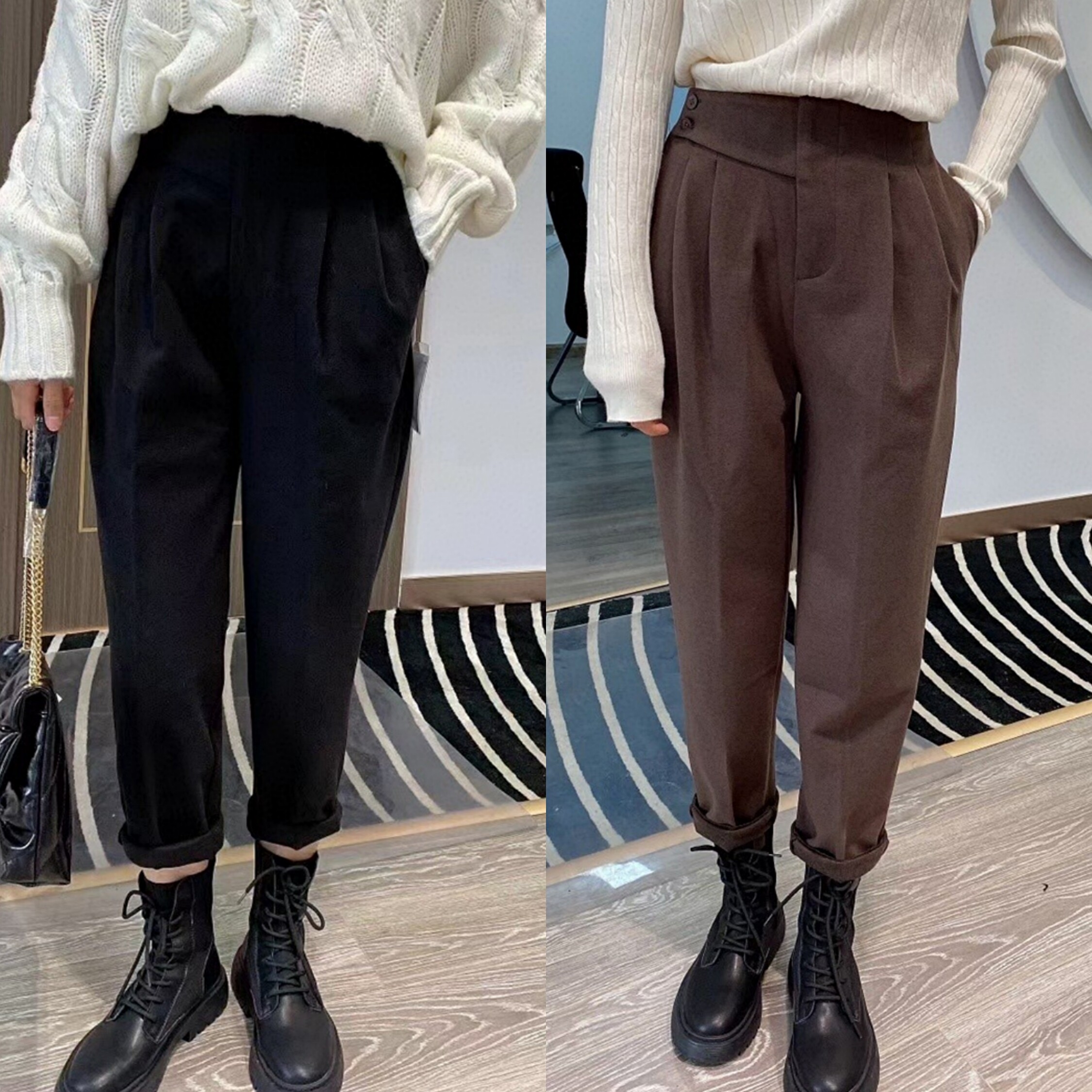 毛呢宽松老爹裤子子女秋冬高腰大码九分休闲休闲裤