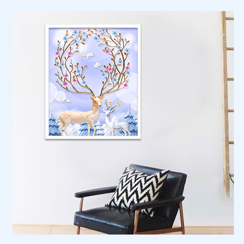 电脑机绣十字绣成品绣好满绣招财富贵麋鹿客厅十字绣成品