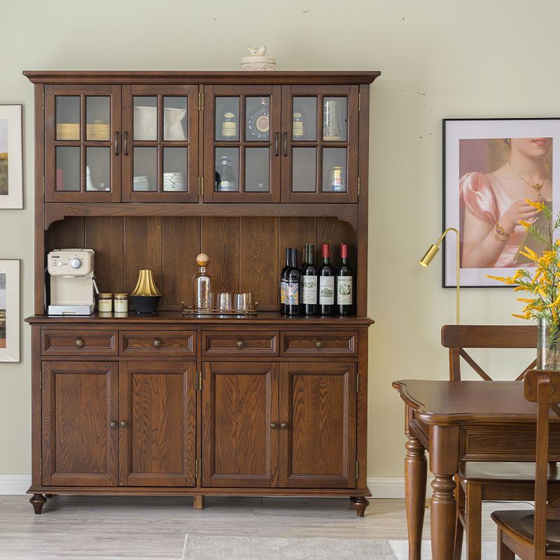 美式纯实木餐边柜到顶高酒柜一体靠墙全原木家具多功能大餐厅柜