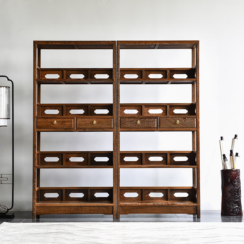 红木家具鸡翅木书房四层书架陈列展示架仿古办公室抽屉书架