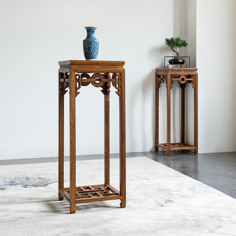 红木家具鸡翅木铜钱花架客厅实木花盆盆架中式仿古花架