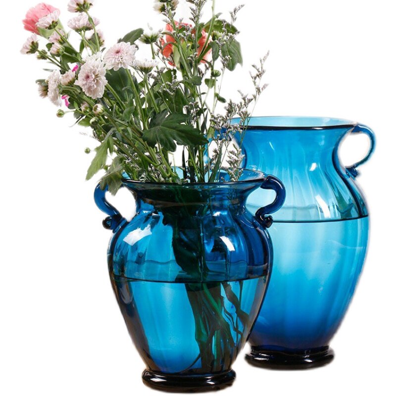 手工手工制制作蓝色双耳大肚玻璃花瓶美式家居装饰花瓶