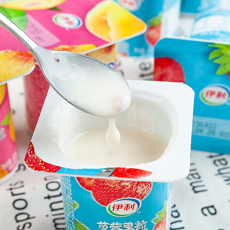 伊利果粒八连杯酸牛奶黄桃草莓味复原乳90g×16杯装小瓶成板酸奶