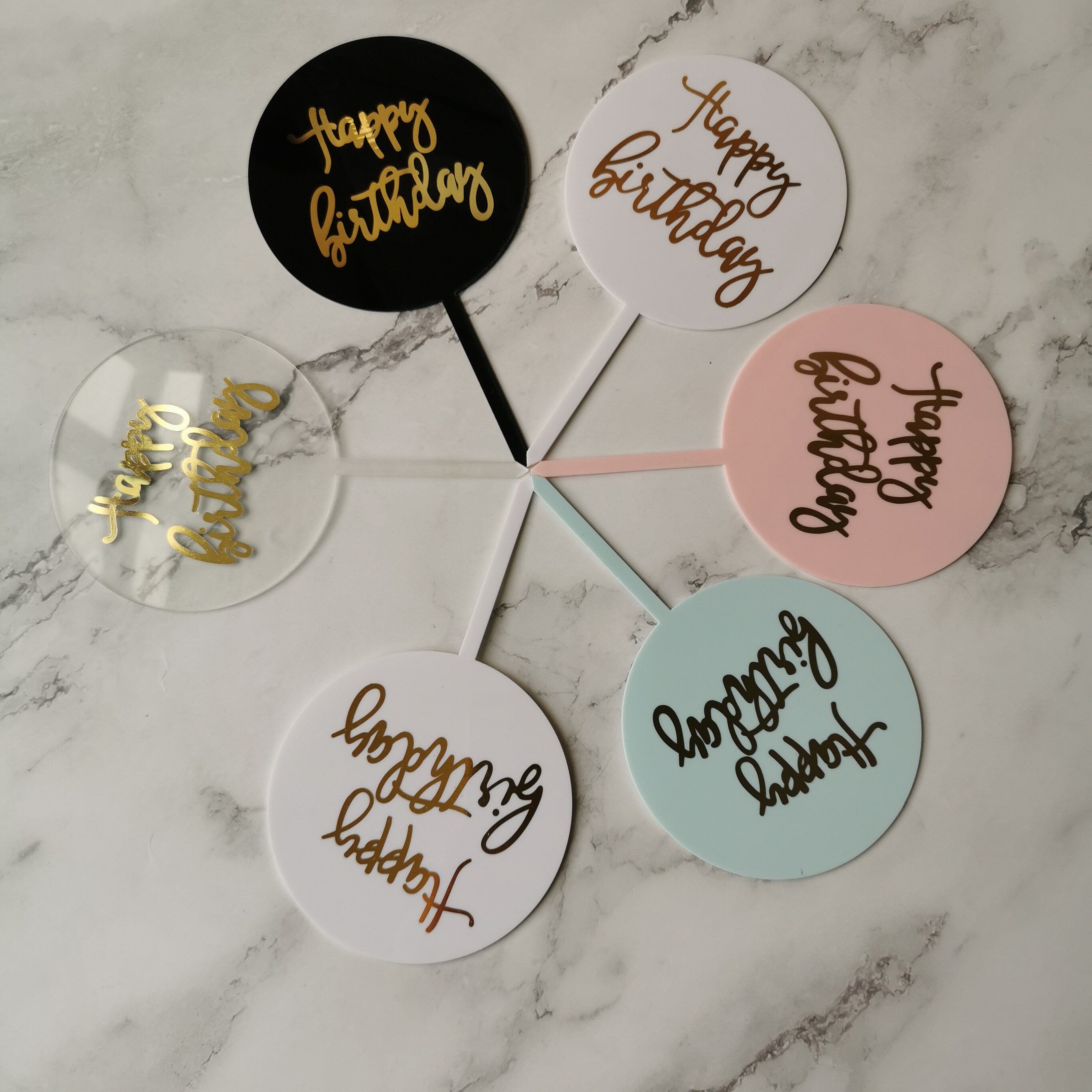 装饰20枚生日快乐蛋糕圆形烫金插牌亚克力插旗节日装扮用品