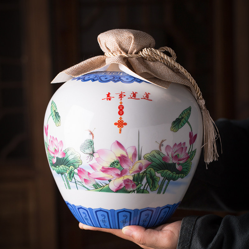 陶瓷家用酒瓶5斤10斤景德镇青花瓷酒坛子密封酒壶存酒缸泡酒坛子 - 晶