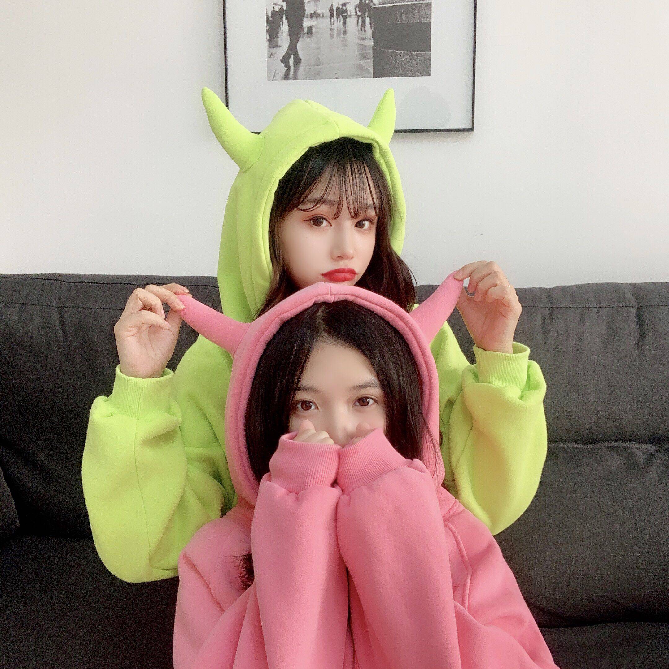 初春款五人姐妹装闺蜜装卫衣宿舍女学生纯色恶魔角连帽薄绒耳朵女