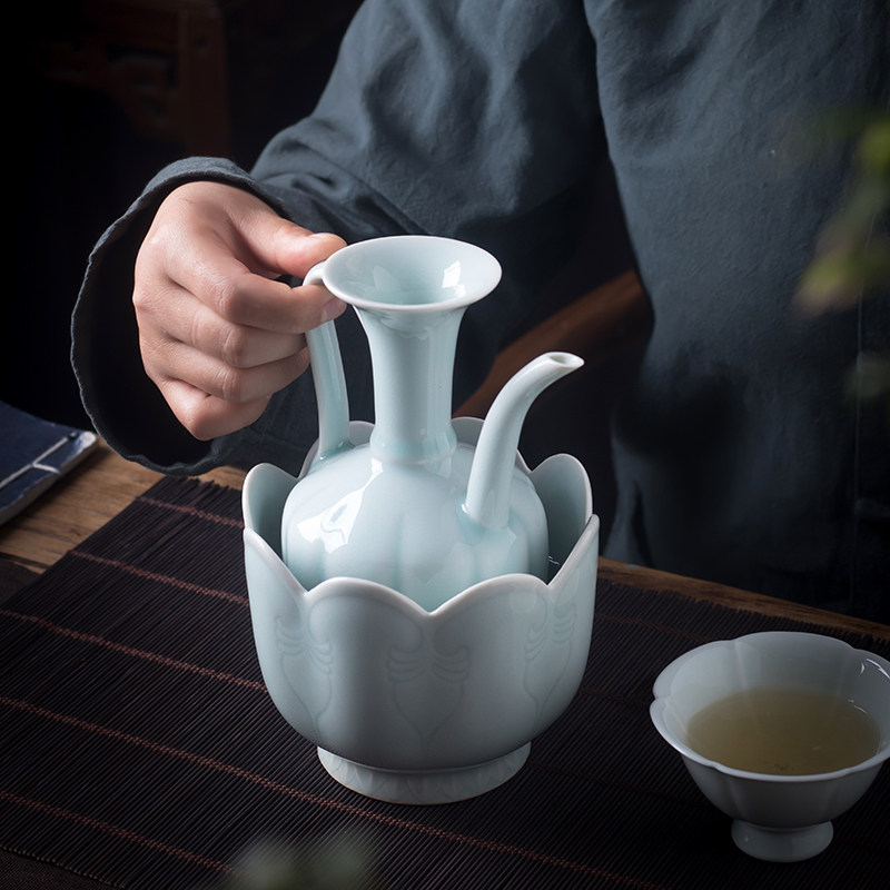 景德镇仿宋执壶湖田窑影青雕刻瓜棱壶陶瓷温酒壶宋式点茶壶套组