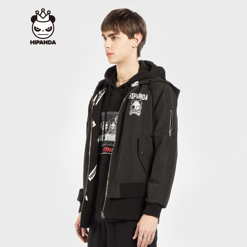 hipanda你好熊猫设计潮牌男款骷髅两面夹克夹克