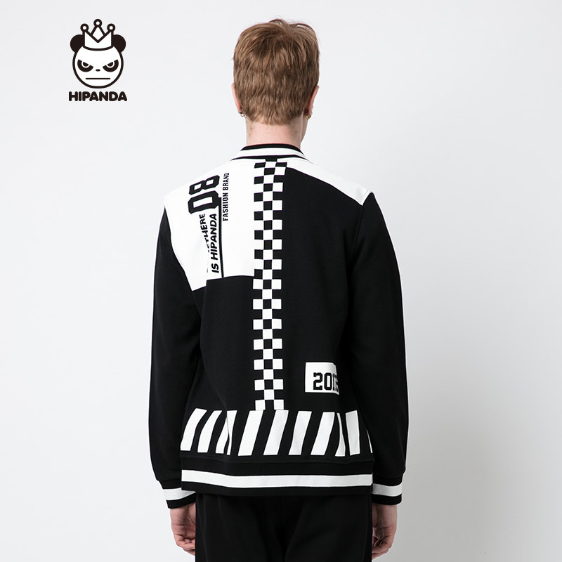 hipanda你好熊猫男款赛车棒球黑白色系外套嘻哈夹克