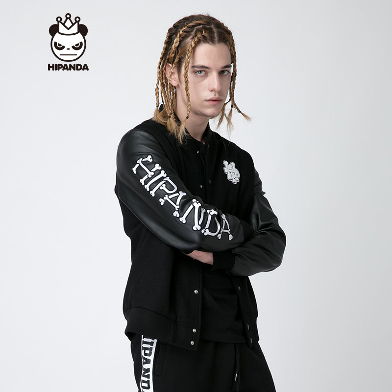 hipanda你好熊猫设计潮牌国潮男款pu袖呢棒球卫衣
