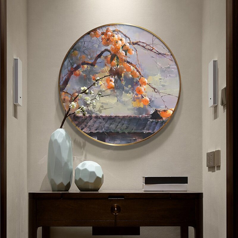 唯艺汇新中式手绘油画玄关装饰画客厅现代画走廊挂画事事如意柿子