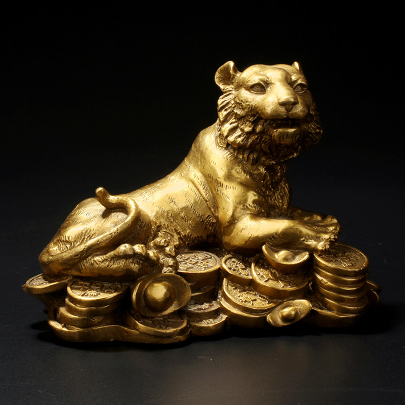 聚缘阁黄铜金钱元宝卧虎摆件十二生肖虎家居铜工艺礼品装饰品摆设