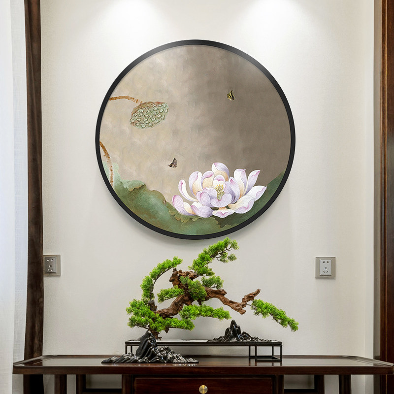 手绘油画新中式禅意客厅餐厅装饰画现代简约玄关圆形油画