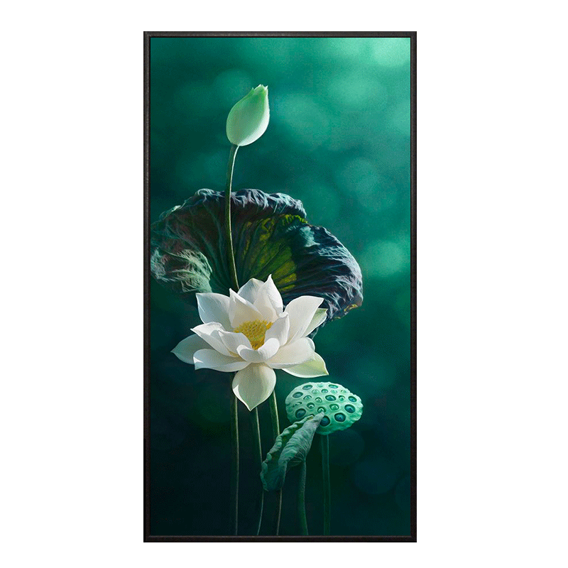 荷花手绘油画现代简约客厅装饰画大幅立体新中式竖版玄关花卉挂画