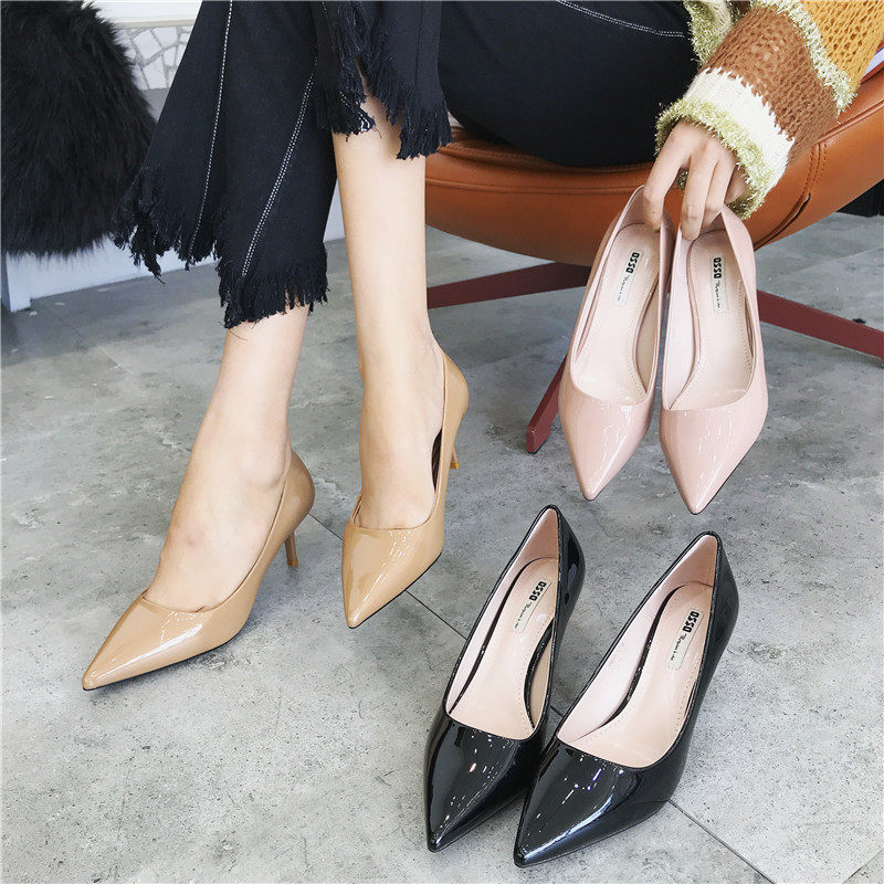 osso高跟鞋2020春秋新款中跟细跟尖头浅口女鞋粉色漆皮单鞋伴娘潮