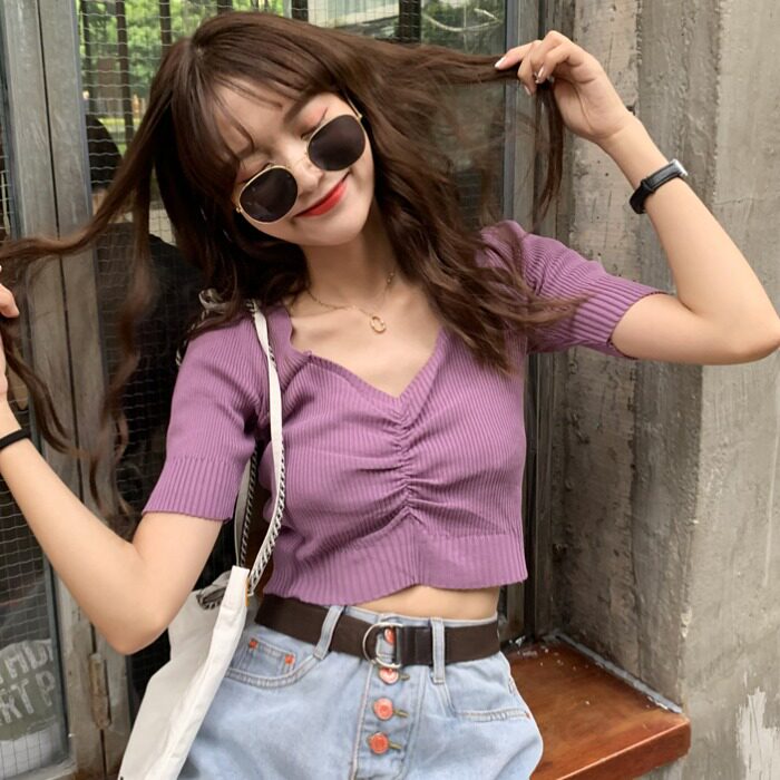 短袖女ins潮短款露脐针织v领t恤薄款修身显瘦韩版学生百搭上衣夏