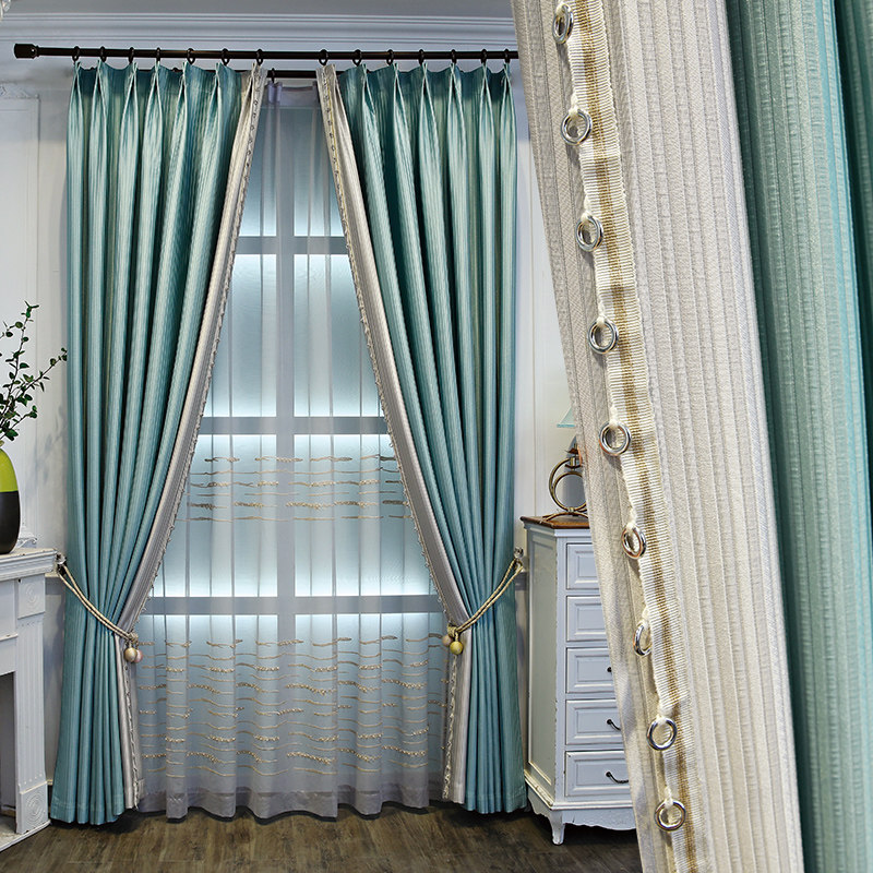 美式轻奢简约现代风格仿真真丝绸缎条纹遮光定制窗帘