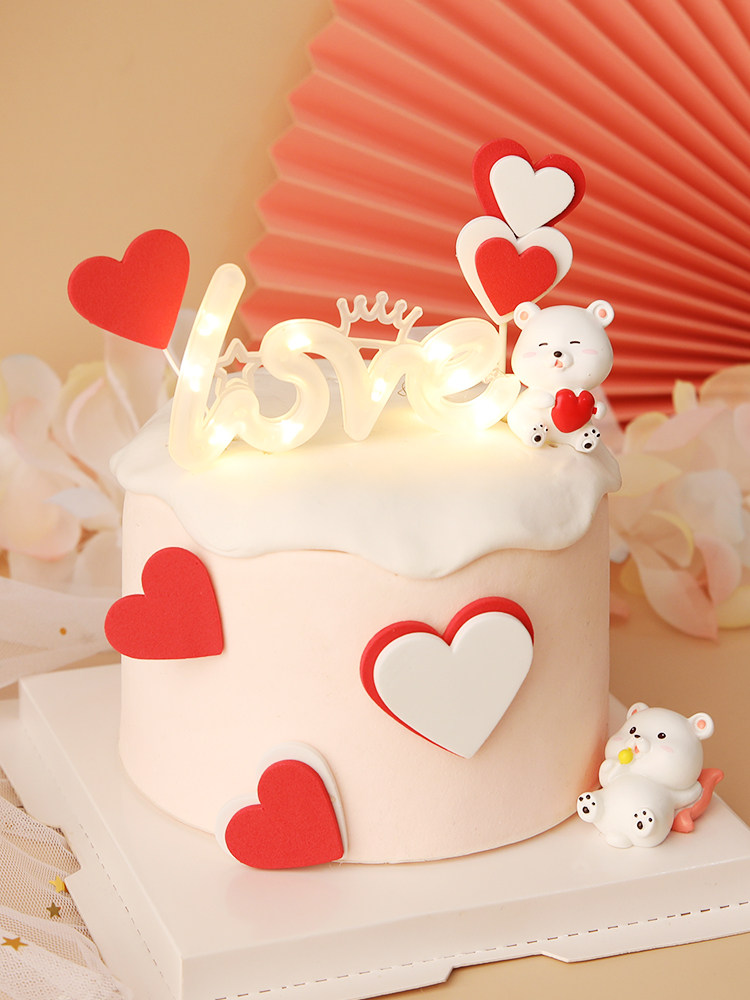 爱心插件表白熊表白情人节发光love摆件装饰蛋糕节日装扮用品