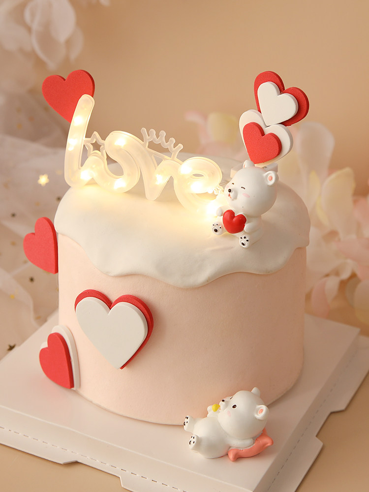 爱心插件表白熊表白情人节发光love摆件装饰蛋糕节日装扮用品