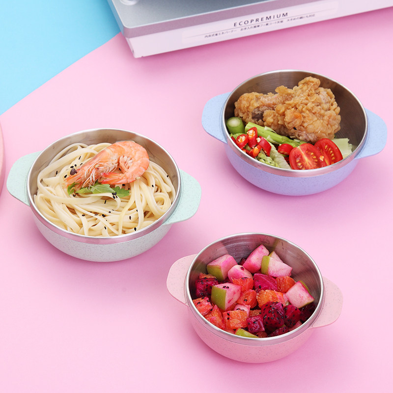 麦元素304不锈钢碗可爱儿童防摔吃饭碗婴儿碗家用防烫圆形双耳碗