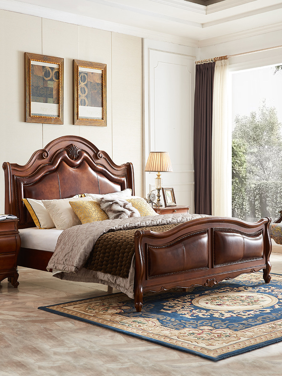 美式复古主卧别墅双人床雕花欧式乡村包复古皮软实木床