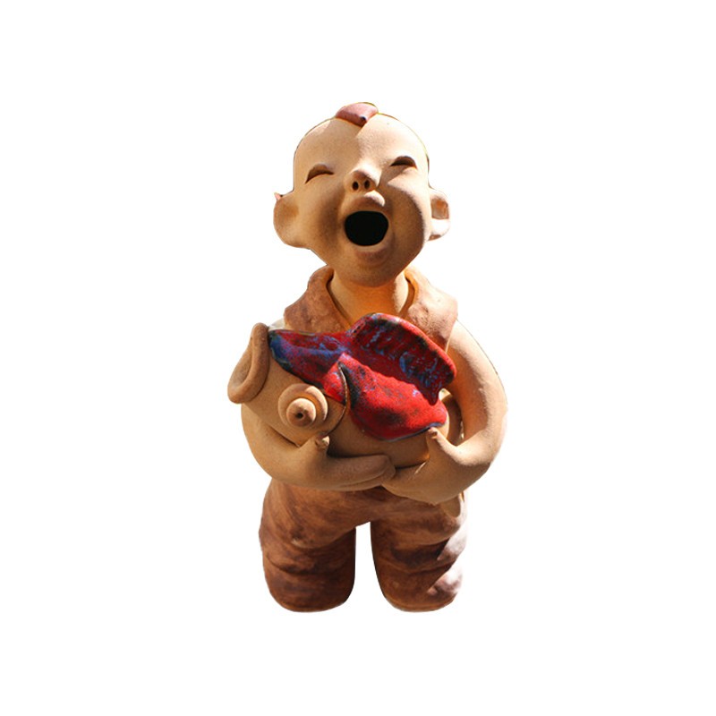 摆设手工陶艺泥人陶土人物陶瓷娃娃陶人抱鱼寓意泥人